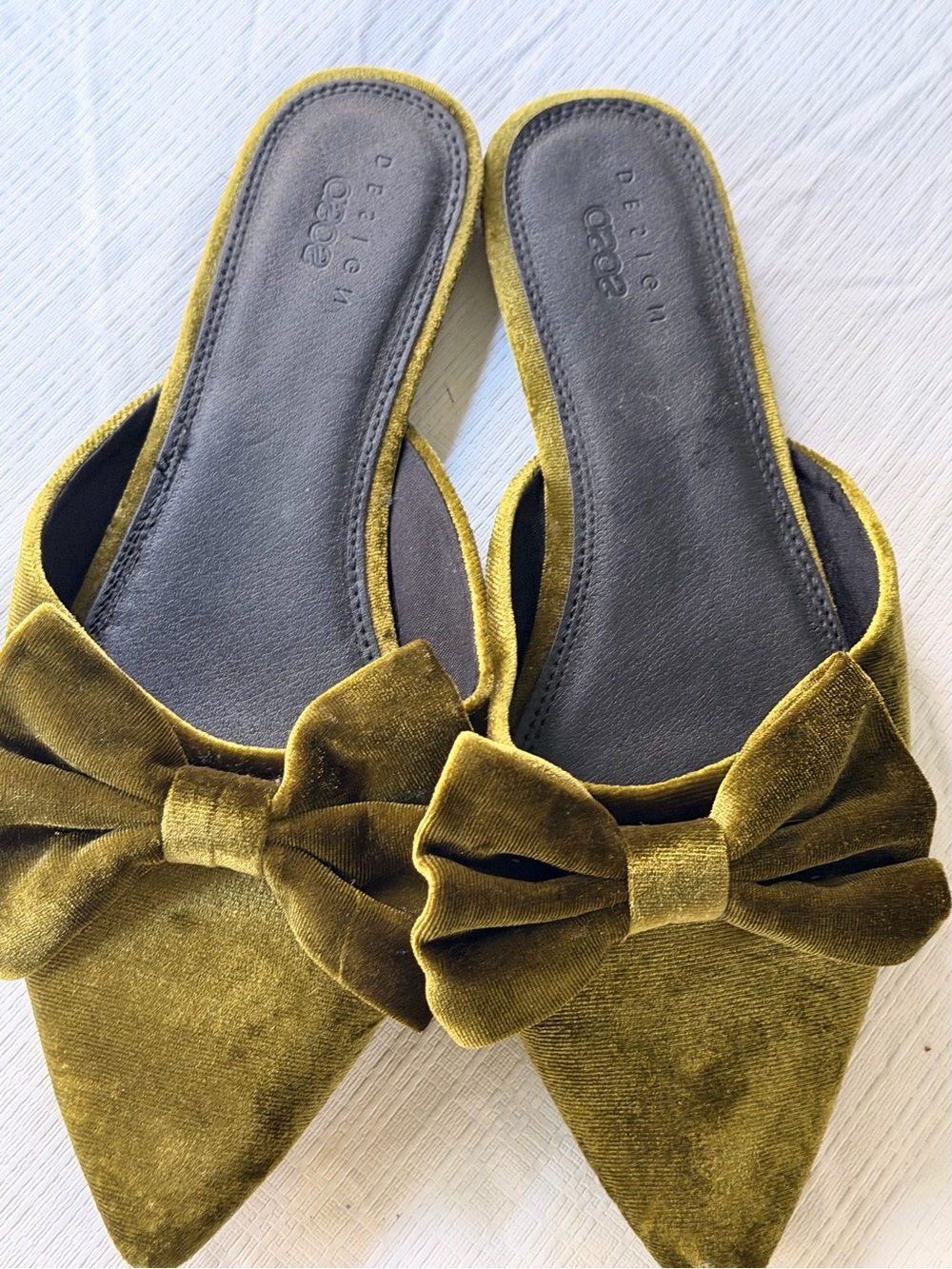 ASOS Olive Green Velvet Pointed-Toe Bow Slide Flats